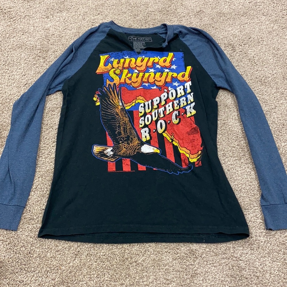 Live Nation Lynyrd Skynyrd Black Raglan Long Sleeve Tee with Blue Sleeves